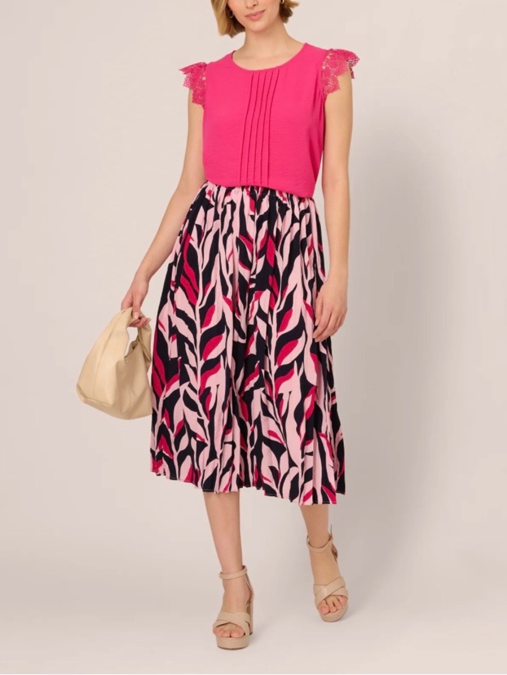 Leaf Print A Line Midi Skirt In Navy Leaf Vine-NWOT-size Medium